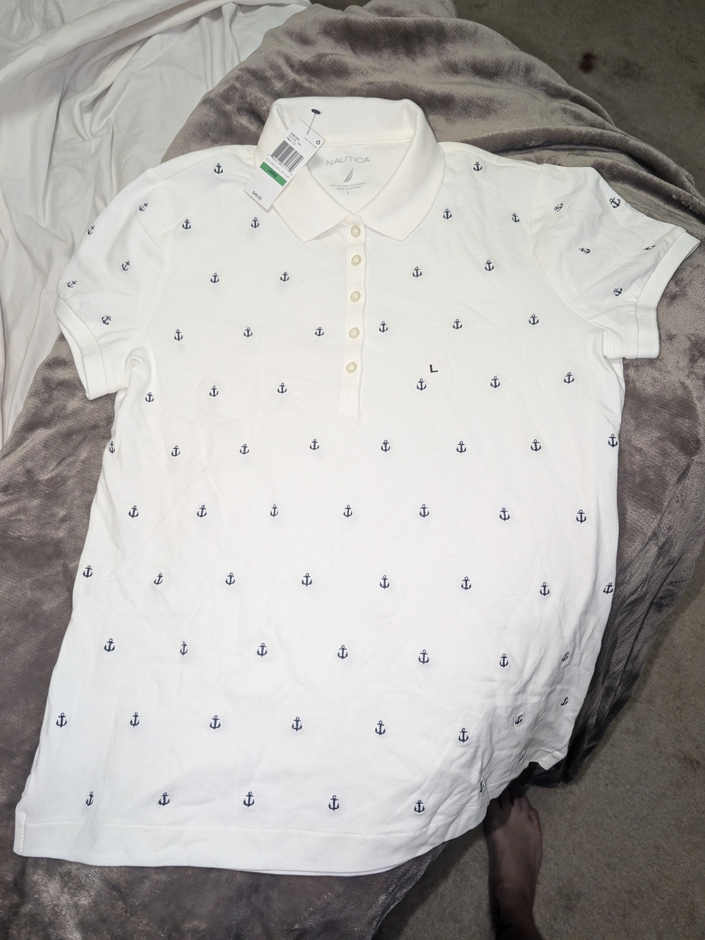 Nautica White Polo Shirt with Navy Anchor Print